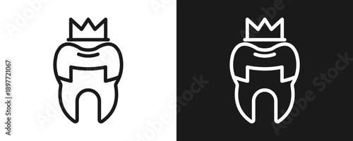 Tooth Crown Icon Set Outline In White And Black Background