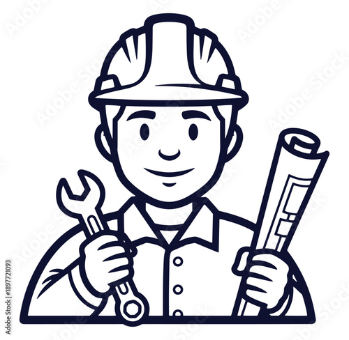 Construction worker holding wrench and blueprints representing building and repair services