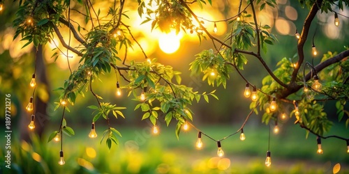 Wallpaper Mural Golden hour illumination adorns a lush green tree branch with a string of warm glowing lights, creating a magical sunset ambiance. Torontodigital.ca