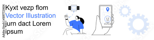 Social apps, user interaction, mobile technology, GPS tracking, software development, innovation. Person seated holding a device, smartphone with app interface gear graphics. Mobile technology