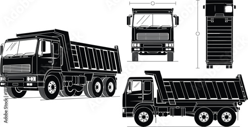 Black silhouette vector set of a heavy duty construction tipper truck showing perspective side and front view elevations with measurements for industrial transport concepts
