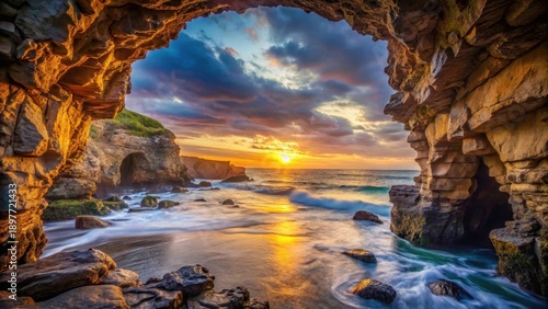 Wallpaper Mural Ocean Cave Sunset A Breathtaking View Through Coastal Rock Formation at Golden Hour Torontodigital.ca