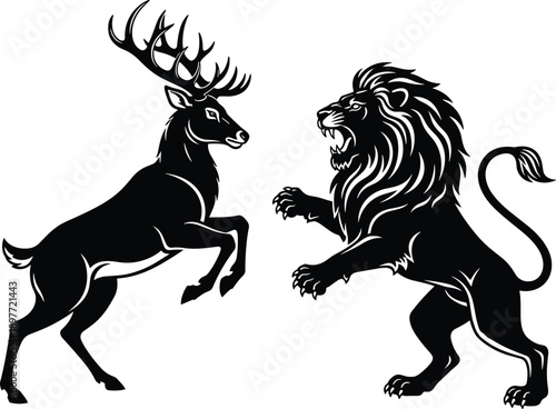 Black silhouette vector set of a majestic lion and a noble deer stag in a heraldic confrontation isolated on white background for nature concepts