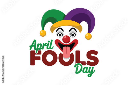 Cartoon clown face with April Fools Day text in green and maroon April Fool’s Day jester hat green hat