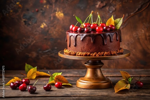Wallpaper Mural Delicious Chocolate Cake with Cherries and Autumn Leaves on a Wooden Cake Stand Torontodigital.ca