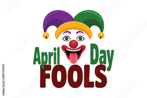 Cartoon clown face with purple green jester hat and April Fools text April Fool’s Day