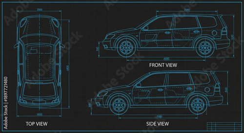Detailed Car Blueprint Technical Drawing.