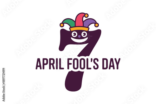Cartoon number 7 wearing a jester hat with April Fools Day text April Fool’s Day number seven holiday