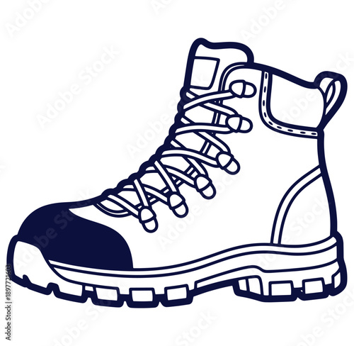 Detailed vector illustration of a sturdy hiking boot in outlined black and white