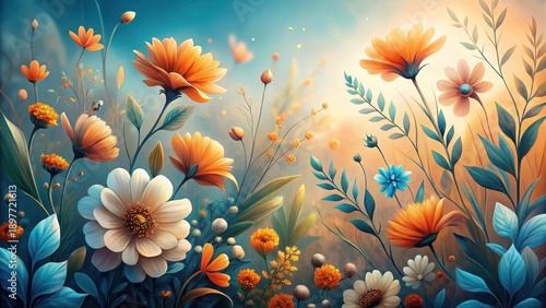 Enchanted Meadow A Dreamlike Tapestry of Vivid Blooms and Delicate Foliage in Warm Sunset Hues