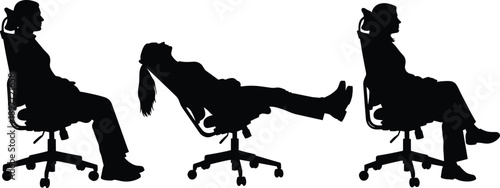 Black silhouette vector set of a woman sitting in an ergonomic office chair in various poses including reclining with legs up for workspace comfort