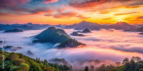 Serene Sunrise Over Misty Mountain Peaks, A Breathtaking Panorama of Nature's Majesty