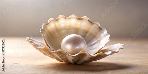 A lustrous pearl nestled within a delicate seashell, a symbol of elegance and natural beauty, rests on a smooth surface