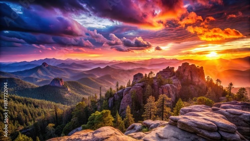 Majestic Mountain Vista at Sunset A breathtaking panorama of vibrant colors, showcasing a fiery sunset casting a golden hue across rolling hills and rugged rock formations, with a dense forest below.