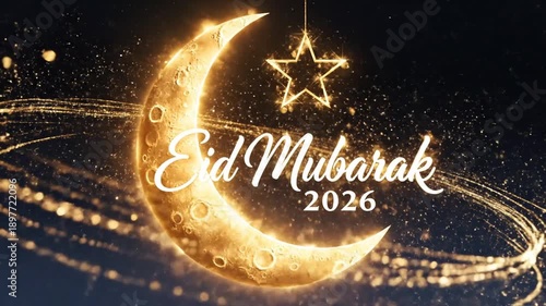 Eid Mubarak 2026 greeting with illuminated crescent moon and hanging star in a dark starry night sky