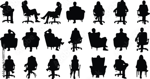 Black silhouette vector set of diverse people sitting in office chairs and armchairs for corporate business waiting room and home interior furniture design concepts