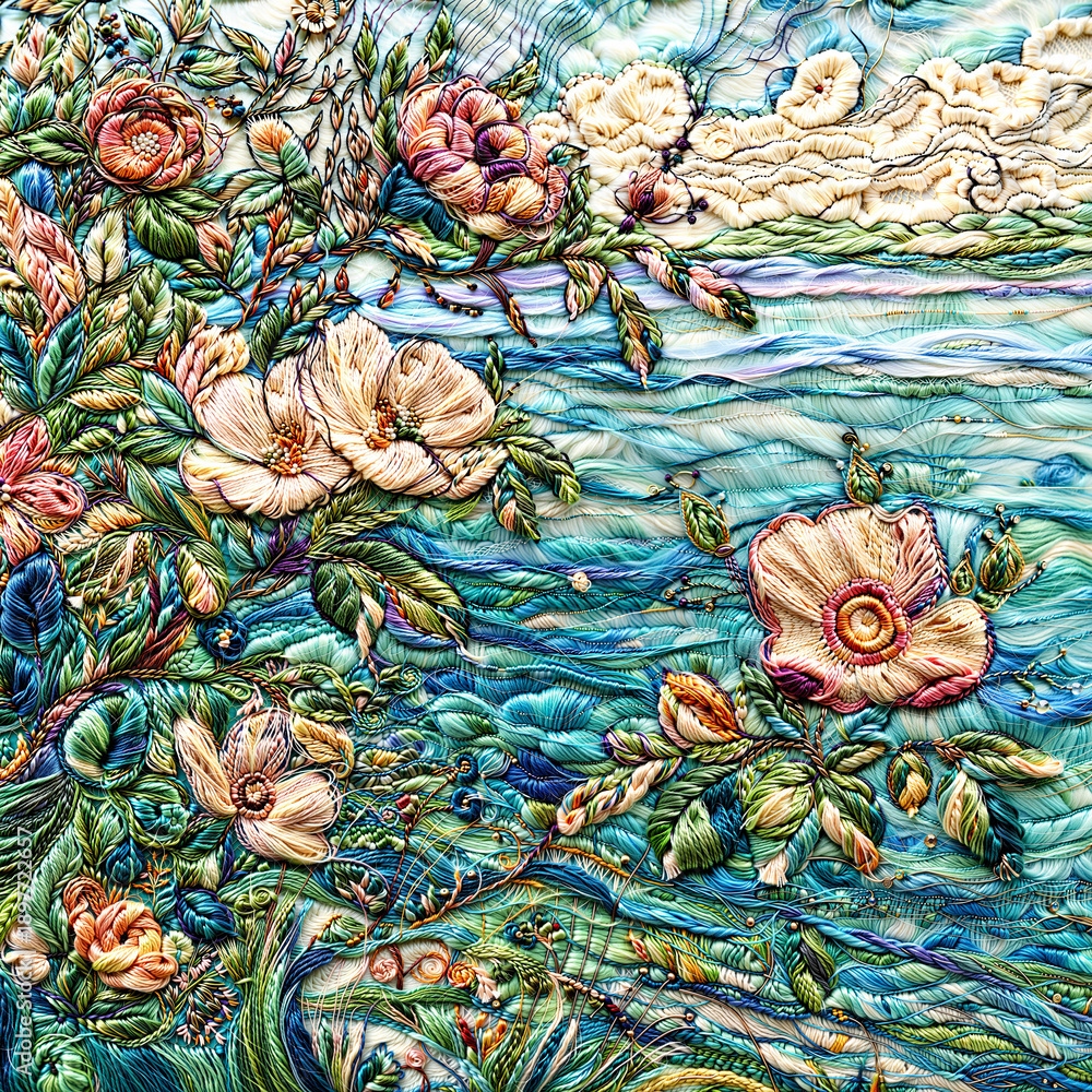 Fototapeta premium Lush Wild Rose Meadow in Teal Blue 3D Yarn Fantasy Tapestry