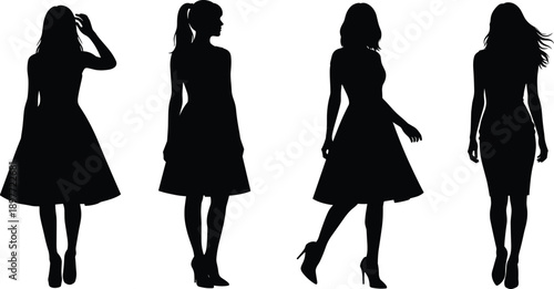Black silhouette vector set of elegant women wearing various stylish dresses and high heels in walking and standing poses isolated on white background for fashion