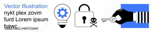 Cybersecurity, data protection, digital identity, hacking prevention, encryption, secure access. Lock with skull, gear in bulb hand holding key. Cybersecurity and hacking prevention concept