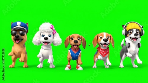Animated dogs dancing in costumes on green screen