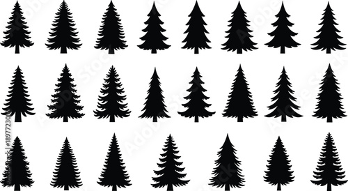 Collection of black pine and fir tree silhouettes in various shapes, minimalist evergreen forest vector set for winter design, Christmas projects, logos, posters, branding, and nature graphics