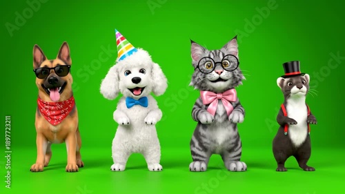 3D Cartoon Animals Party Dance - German Shepherd, Poodle, Maine Coon, Ferret