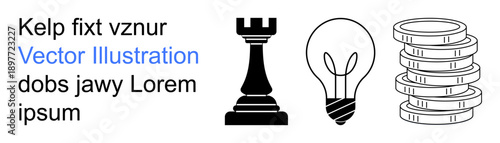 Strategy planning, financial growth, innovation, business development, creativity, economic concepts. Bold icons of chess rook, light bulb and stacked coins. Strategy and financial growth
