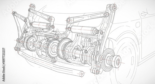 Detailed sketch of a complex mechanical engine assembly.