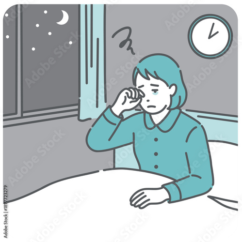 夜中に目が覚めて眠れない・中途覚醒の女性のイラスト（睡眠障害・不眠・更年期）
