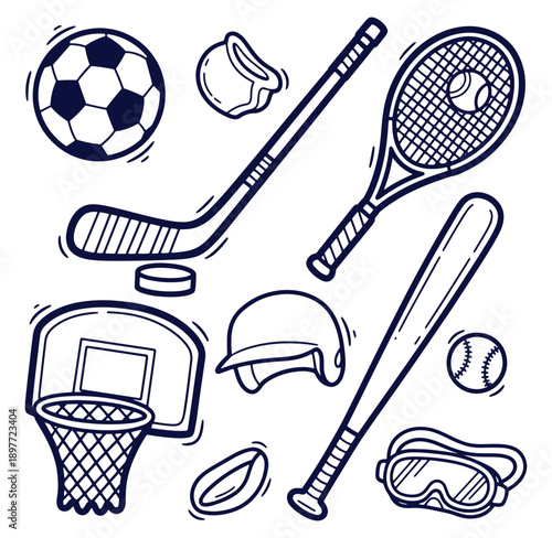 Hand drawn collection of various sports equipment isolated on white background for design elements