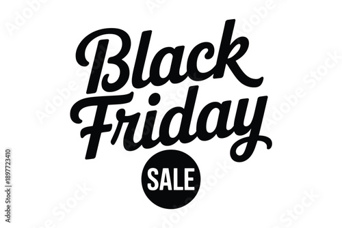 Black Friday sale text in cursive black font on white background with circular sale stamp