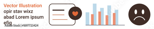 Emotions analysis, data tracking, user feedback, behavioral insights, digital trends, analytics. Bar chart, heart sad face symbol. Emotions analysis and user feedback visualization concept