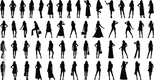 Collection of stylish female silhouettes in various fashion poses, elegant women figures isolated on white background, vector illustration set for design and advertising