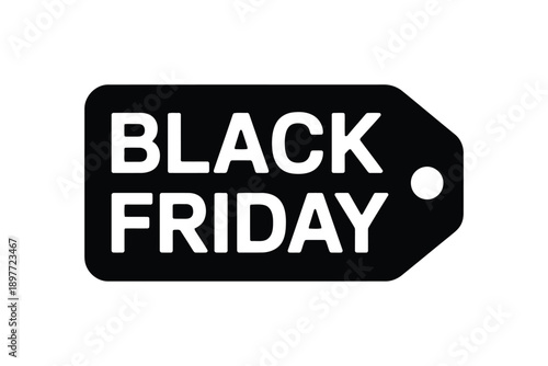 Black tag with white Black Friday text and hole on solid black background white text sale tag