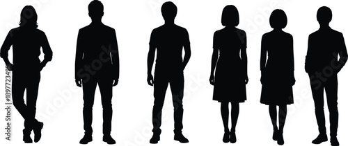 Group of male and female human silhouettes standing together, diverse people figures isolated on white background, modern lifestyle teamwork and social community concept illustration