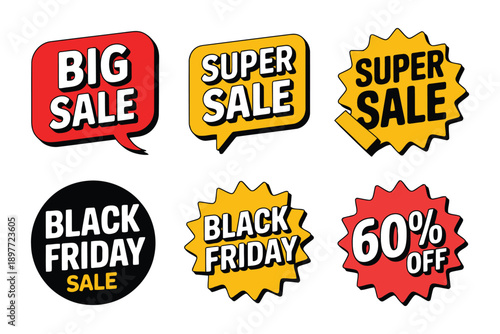 Five colorful sale discount tags with bold text including Black Friday and big sale super sale