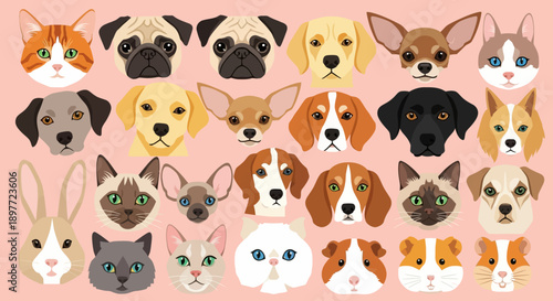 Collection of cartoon animal faces including dogs, cats, and rabbits.