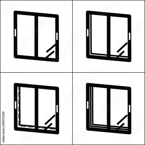 断熱窓ガラスの構造アイコンセット 複層 トリプル Low-E 真空ガラス 省エネ住宅 / High-performance window glass insulation icons, Double, Triple, Low-E, Vacuum glass