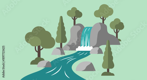 Bild auf Leinwand Serene river landscape with waterfall and lush greenery.