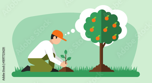 Man planting a tree with a vision of its future growth.