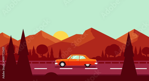 Vibrant Orange Car Traveling Down a Mountain Highway at Sunset.