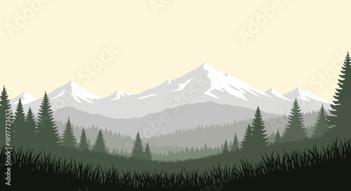 Serene mountain landscape with snow-capped peaks and evergreen forest.