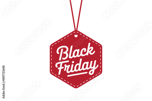 Red hexagonal tag with white Black Friday text hanging by red string