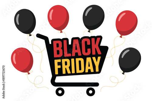 Shopping cart with Black Friday text and red and black balloons