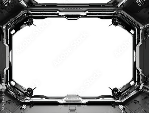 Futuristic sci-fi metal frame architecture with intricate technological details and symmetrical design, surrounding a bright empty space. Complex mechanical structures adorn each corner