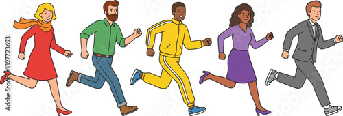 Diverse group of multiracial men and women in casual and business clothing running fast forward together in line, vector illustration