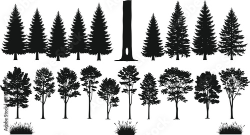 Large collection of black tree and grass silhouettes isolated on white background featuring evergreen, deciduous forest trees and natural landscape 