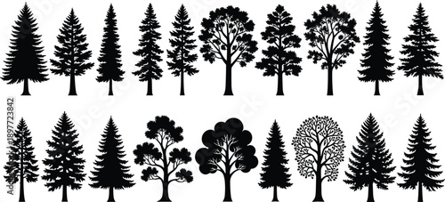 Large collection of black tree silhouettes including pine, fir, and deciduous forest trees, minimal vector illustration set for nature, landscape, eco branding, logo, and decoration projects