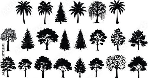 Large collection of black tree silhouettes including palm, pine, willow, and deciduous trees isolated on white background for landscape design