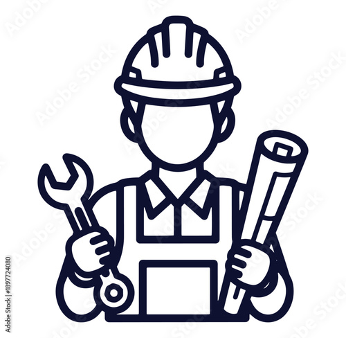 Illustrated construction worker holding wrench and blueprint wearing hard hat engineering concept